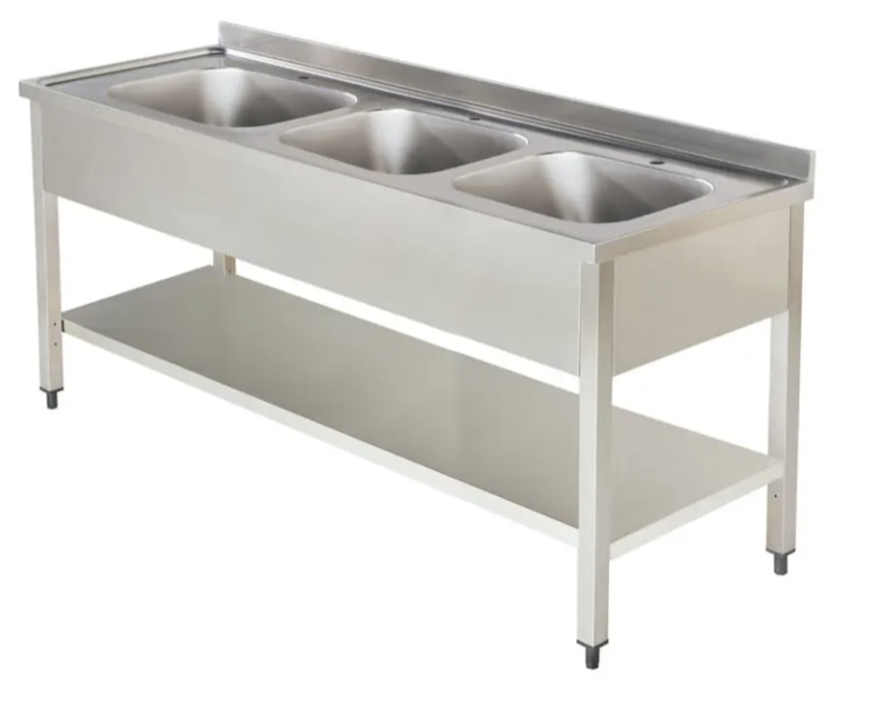 S/Steel Work Table with Three Bowl Sink w/BS+US Size: 1800x700x850 mm