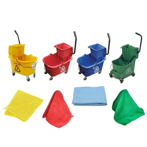 Colour coded cleaning cloths and mops e.t.c