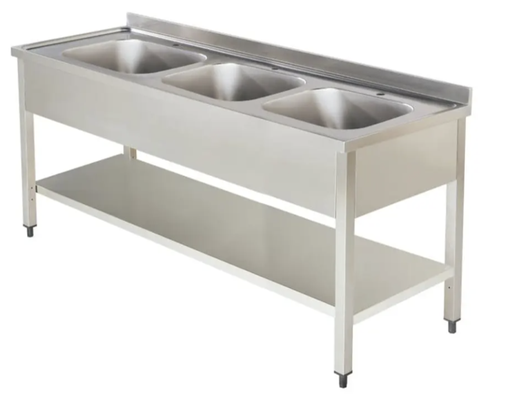 S/Steel Work Table with Three Bowl Sink w/BS+US Size: 1800x700x850 mm